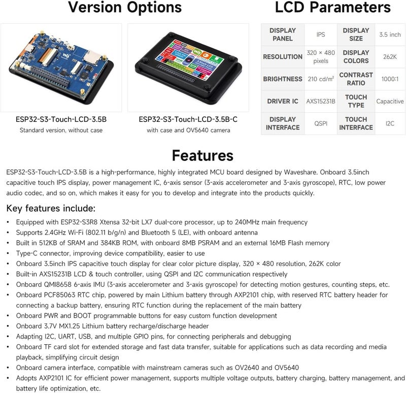 Waveshare ESP32-S3 3.5inch Capacitive Touch Display Development Board Type B, 320×480, IPS, 262K Color, QSPI, Onboard Camera Interface, Wi-Fi and Bluetooth 5, ESP32 with Display, with Protective Case - Image 4